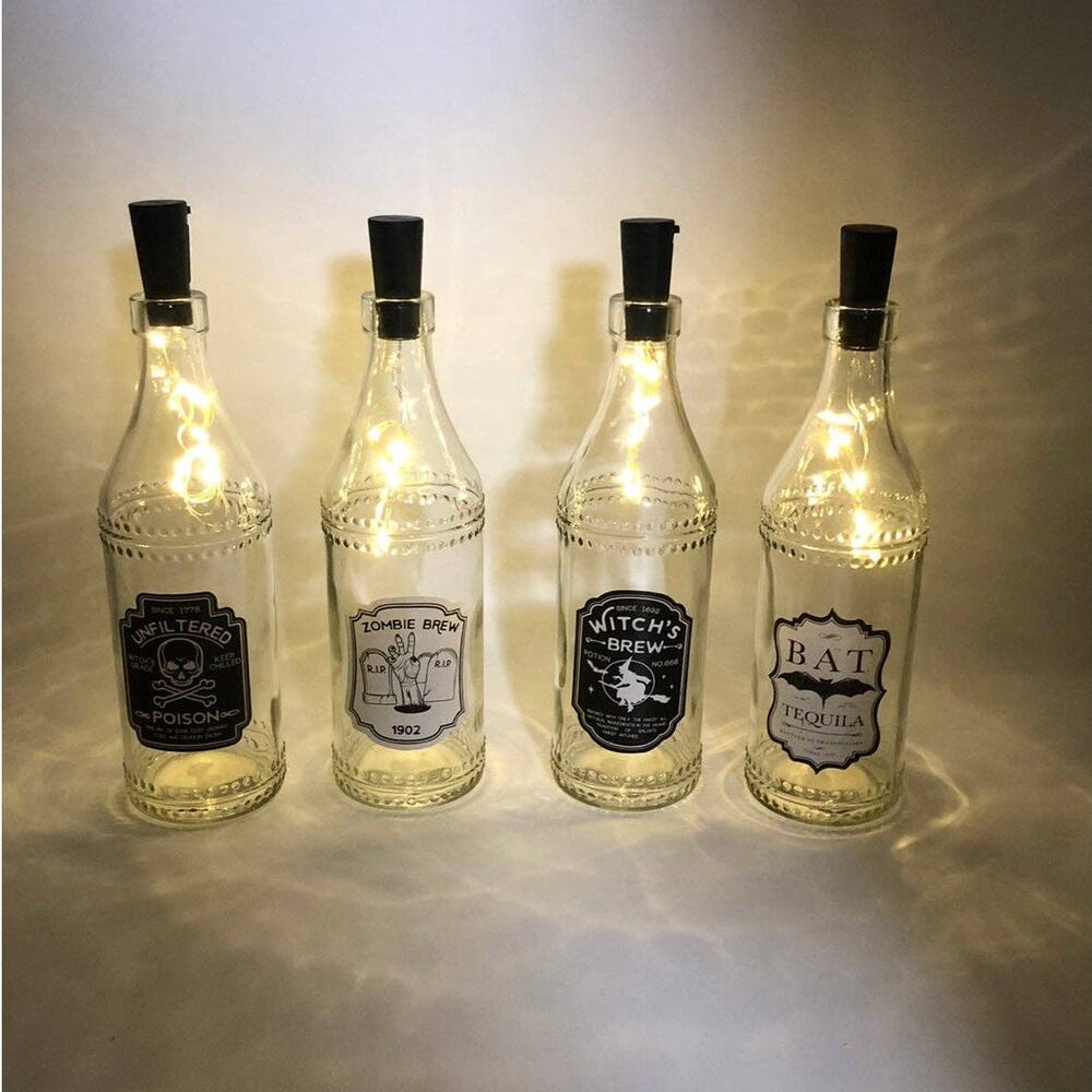 4 Light Up LED Glass Wine Potion Bottles Witch's Brew Bat Tequila Poison Zombie
